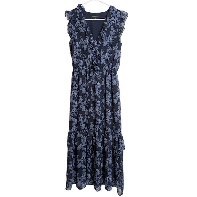 Banana Republic Blue Floral Midi Dress Ruffle Flutter Sleeve Tiered Office